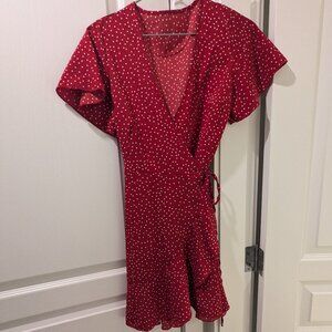 SHEIN Red and White Polka Dot Tie-Waist Ruffle Dress, Size Small